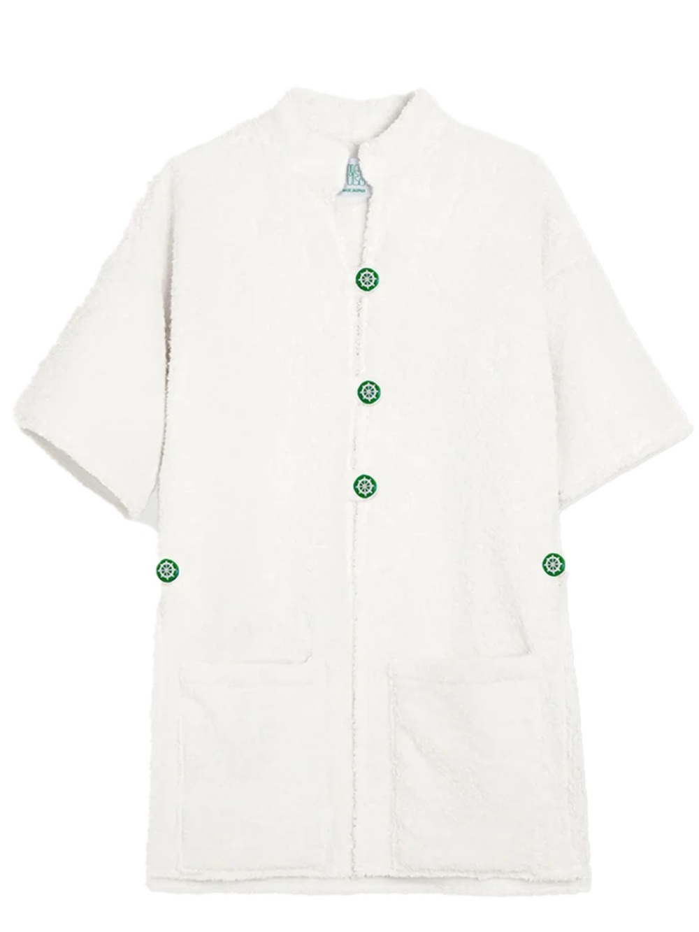 La Veste White Terry Swim Coverup with Green Button Accents